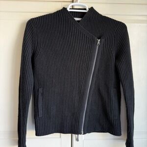 Athleta Sweater Black 100% Merino Wool Ribbed Asymmetric Zip Moto Womens Medium